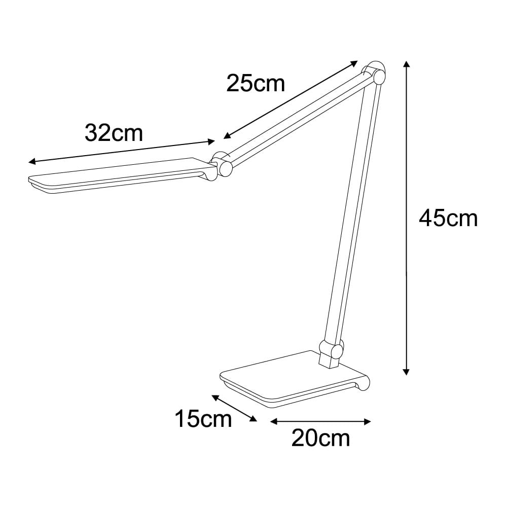Srebrna lampka biurkowa Rico z jedną diodą LED (10W) o regulowanej temperaturze barwowej 3000K-6500K. Ustawiona w pionie, z podstawą o wymiarach 20x15 cm, ramieniem o długości 32 cm oraz kloszem o szerokości 25 cm i wysokości 45 cm.
