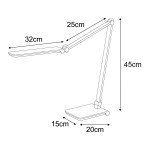 Srebrna lampka biurkowa Rico z jedną diodą LED (10W) o regulowanej temperaturze barwowej 3000K-6500K. Ustawiona w pionie, z podstawą o wymiarach 20x15 cm, ramieniem o długości 32 cm oraz kloszem o szerokości 25 cm i wysokości 45 cm.