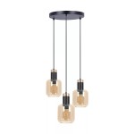 Lampa wisząca Doka z trzema źródłami światła E27, w czarnej oprawie z metalowymi detalami, z bursztynowymi, szklanymi kloszami o kwadratowym kształcie, zawieszona na cienkich linkach, montowana do sufitu.