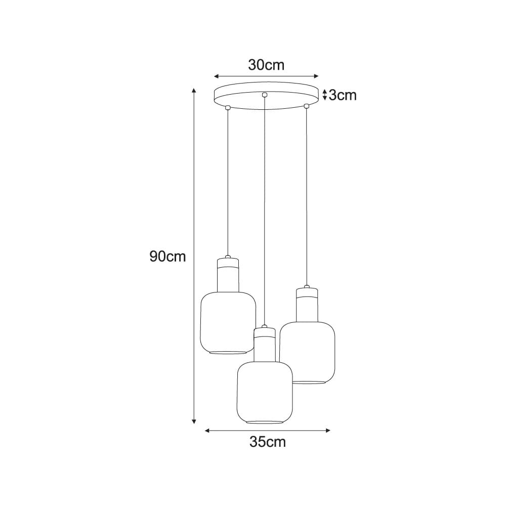 Lampa wisząca Doka z trzema oprawami E27 w kolorze czarnym i bursztynowym, o wymiarach 30 cm średnicy i 90 cm długości, zawieszona na trzech kablach. Kształt kloszy jest prostokątny, z widocznym miejscem na żarówki.