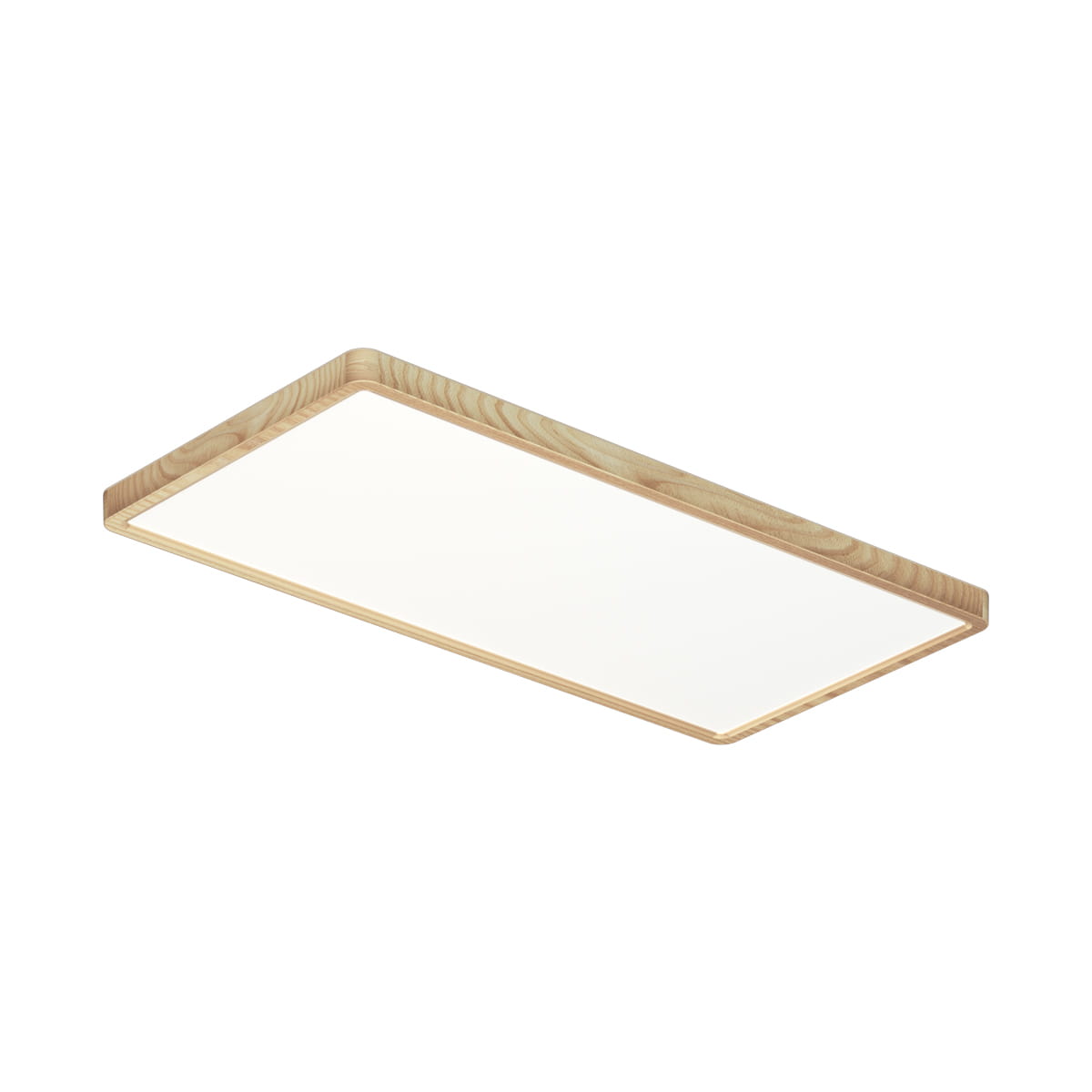 Plafon Olbis z jedną diodą LED o mocy 36W, z białym, prostokątnym kloszem i drewnianą ramką. Produkt zamontowany na suficie, widoczny z przodu. Wysoka klasa szczelności IP44, idealny do wnętrz i pomieszczeń o podwyższonej wilgotności.