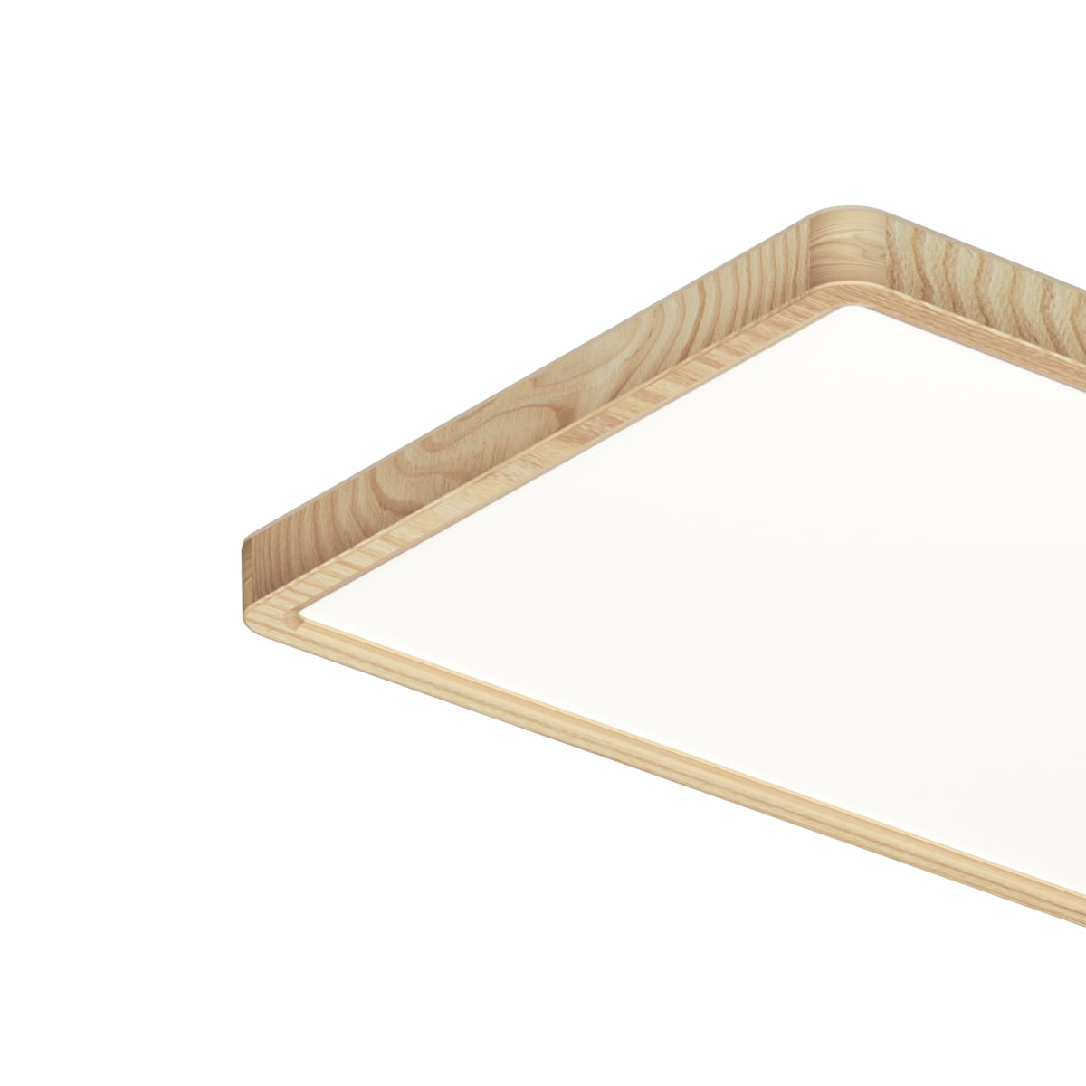 Plafon Olbis 1xLED/36W/IP44 w kształcie prostokąta, z białym kloszem i drewnianą ramą o naturalnym wykończeniu. Zbliżenie na krawędź lampy, ukazujące detale wykończenia. Idealny do wnętrz, odporny na wilgoć.