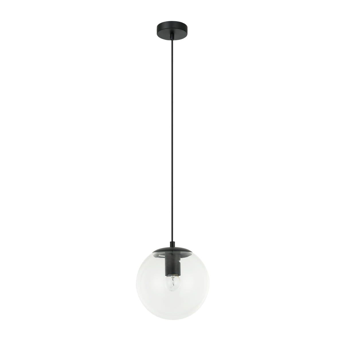 Lampa wisząca Sarpo z jednym gniazdem E27, w kolorze czarnym. Okrągła, przezroczysta kula zawieszona na długim, czarnym przewodzie. Prosta, nowoczesna forma, idealna do różnych wnętrz. Montaż sufitowy.