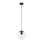 Lampa wisząca Sarpo z jednym gniazdem E27, w kolorze czarnym. Okrągła, przezroczysta kula zawieszona na długim, czarnym przewodzie. Prosta, nowoczesna forma, idealna do różnych wnętrz. Montaż sufitowy.