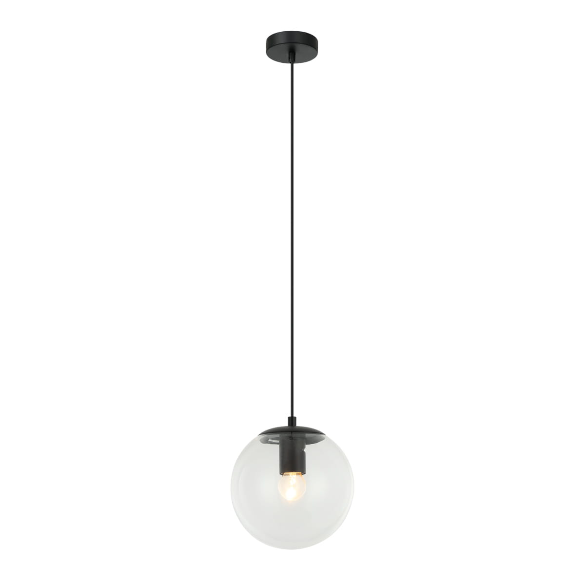 Lampa wisząca Sarpo w kolorze czarnym, z pojedynczym źródłem światła E27. Szklana kula o przezroczystym wykończeniu zawieszona na długim, czarnym przewodzie, montowana sufitowo. Prosty, nowoczesny design, idealna do różnych aranżacji wnętrz.