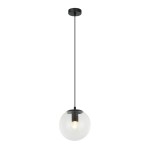 Lampa wisząca Sarpo w kolorze czarnym, z pojedynczym źródłem światła E27. Szklana kula o przezroczystym wykończeniu zawieszona na długim, czarnym przewodzie, montowana sufitowo. Prosty, nowoczesny design, idealna do różnych aranżacji wnętrz.