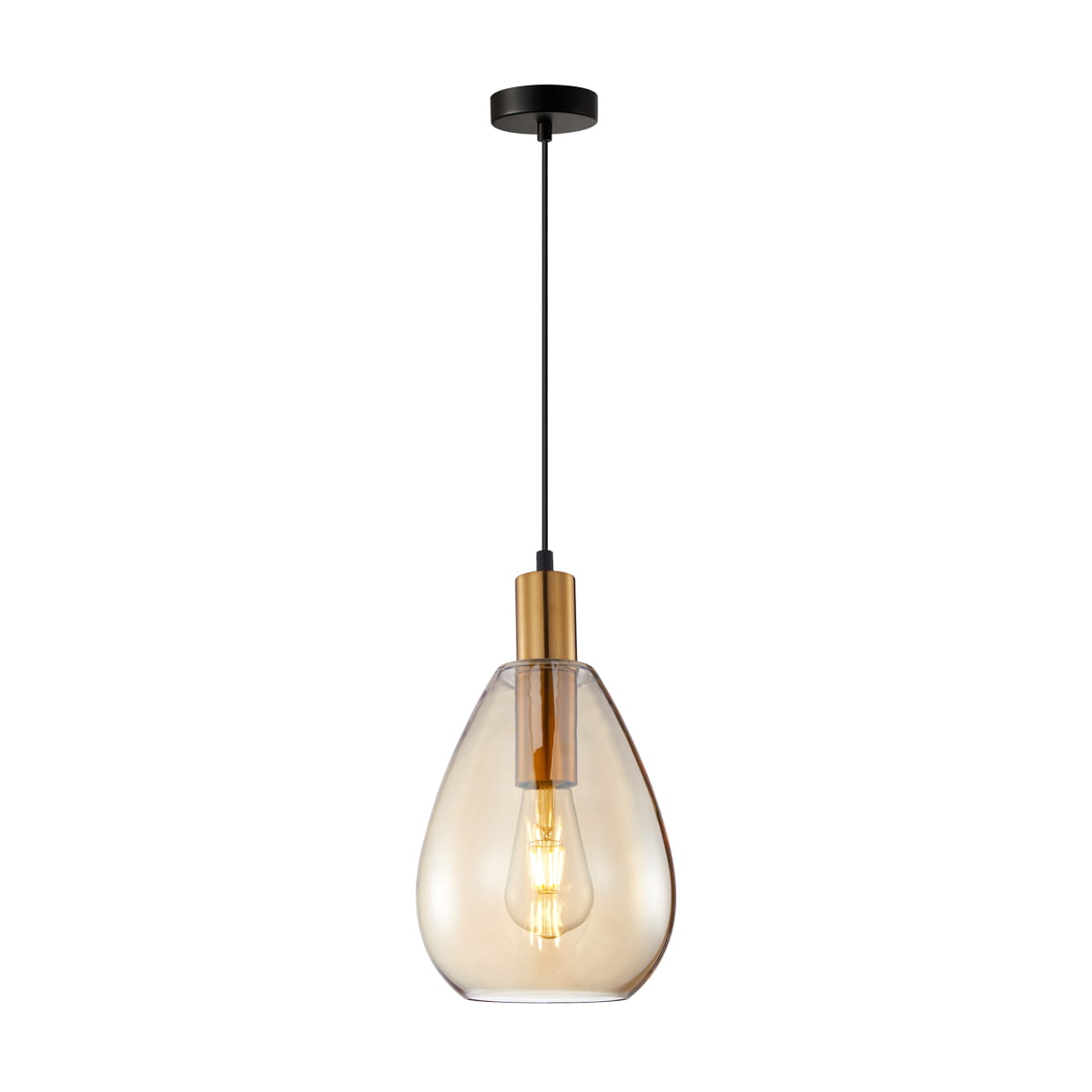Lampa wisząca Zulo 1xE27 w kolorze czarnym z bursztynowym kloszem. Kształt w formie kropli, z metalowym elementem w odcieniu złota. Zawieszona na cienkim, czarnym przewodzie, z zamocowaniem sufitowym w tym samym kolorze.