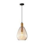Lampa wisząca Zulo 1xE27 w kolorze czarnym z bursztynowym kloszem. Kształt w formie kropli, z metalowym elementem w odcieniu złota. Zawieszona na cienkim, czarnym przewodzie, z zamocowaniem sufitowym w tym samym kolorze.