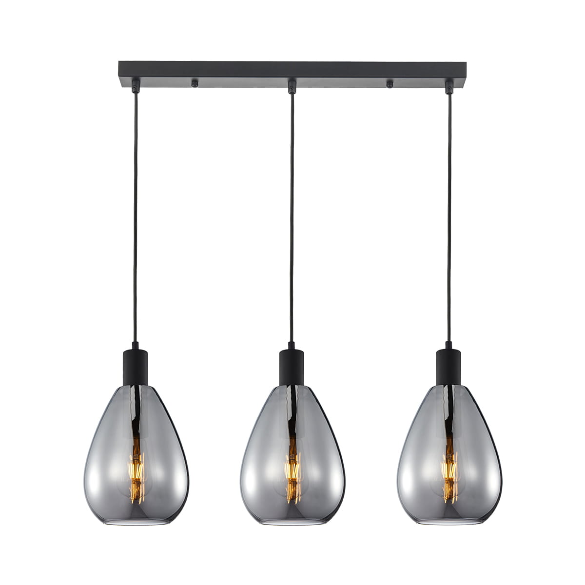 Lampa wisząca Zulo z trzema kloszami w kształcie kropli, wykonana z dymionego szkła, zawieszona na czarnej podstawie. Klosze osadzone na czarnych kablach, w stylu nowoczesnym, idealna do aranżacji wnętrz.