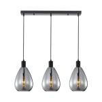 Lampa wisząca Zulo z trzema kloszami w kształcie kropli, wykonana z dymionego szkła, zawieszona na czarnej podstawie. Klosze osadzone na czarnych kablach, w stylu nowoczesnym, idealna do aranżacji wnętrz.