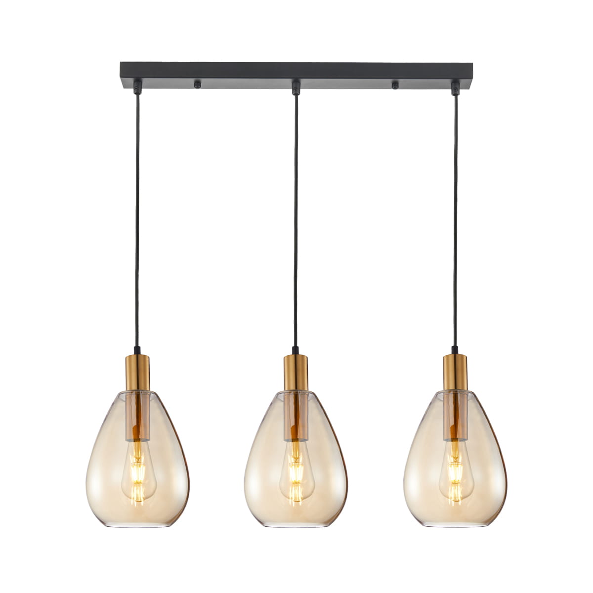 Lampa wisząca Zulo z trzema kloszami w kształcie kropli, wykonana z bursztynowego szkła, z metalowymi elementami w kolorze złotym. Utrzymana na czarnej, prostokątnej podstawie, zawieszona na czarnych linkach. Idealna do nowoczesnych wnętrz.