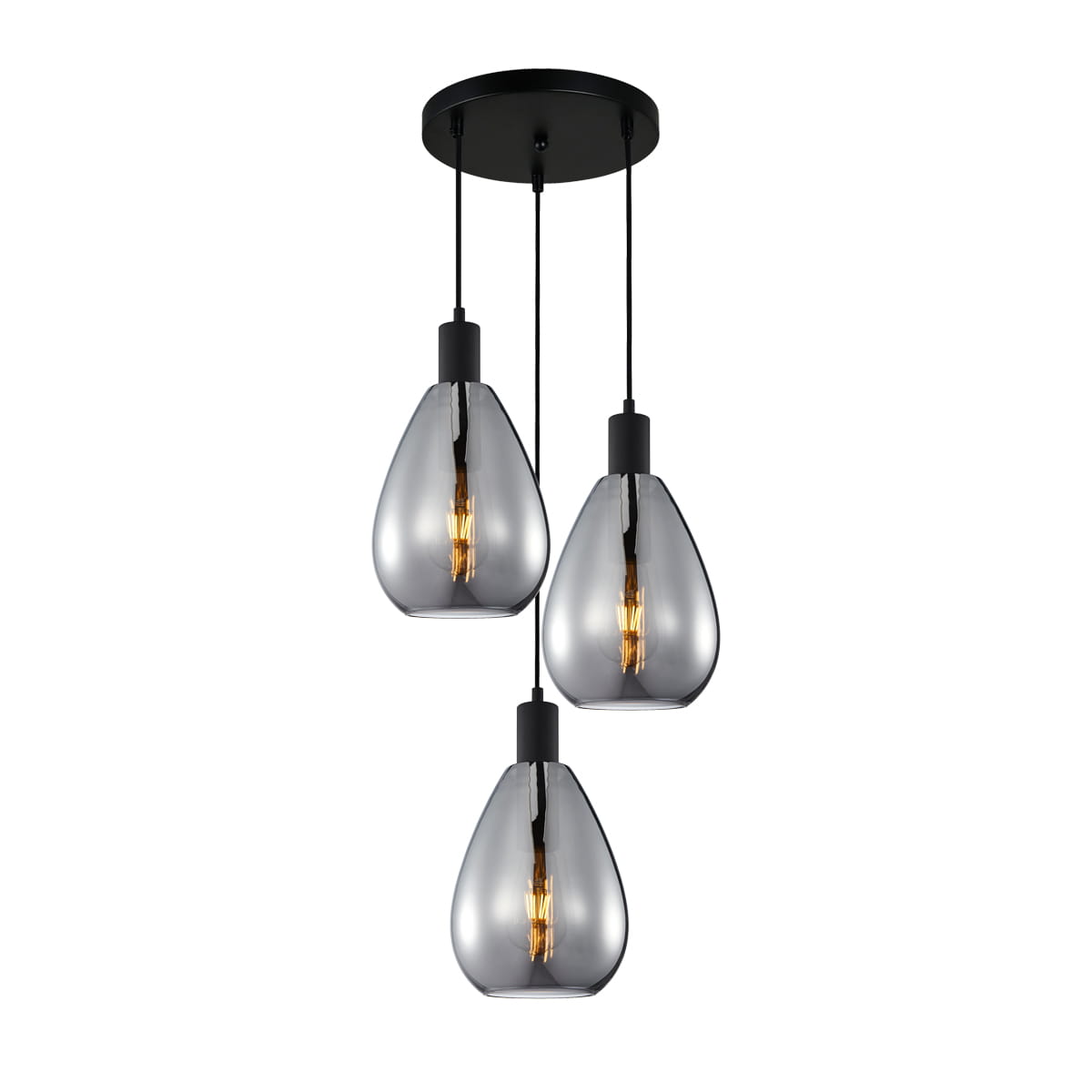 Lampa wisząca Zulo z trzema kloszami w kształcie kropli, wykonana z dymionego szkła, zawieszona na czarnych przewodach. Każdy klosz osadzony na czarnej oprawie, widoczne żarówki E27. Montaż sufitowy, nowoczesny design.