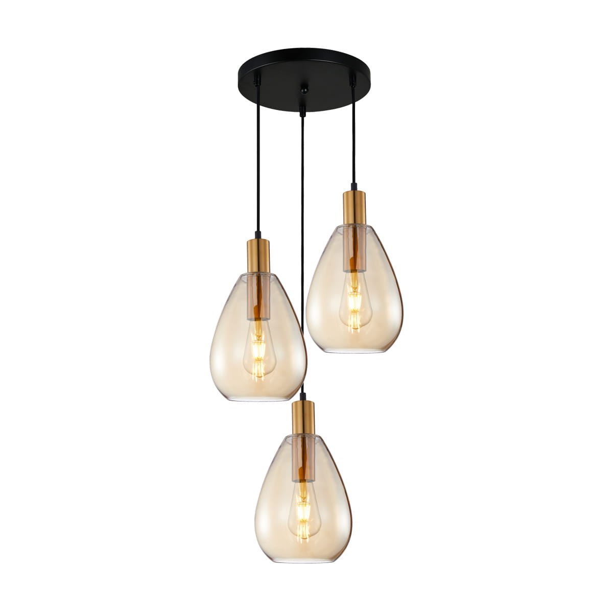 Lampa wisząca Zulo z trzema kloszami w kształcie kropli, wykonana z bursztynowego szkła, z metalowymi elementami w kolorze złotym. Montowana na okrągłej, czarnej podstawie. Idealna do nowoczesnych wnętrz.