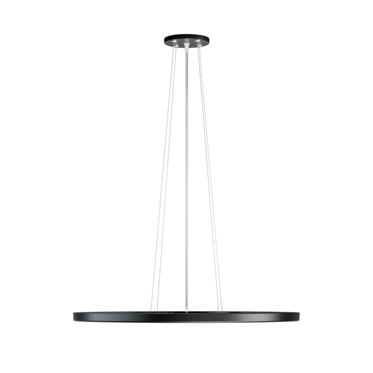 Lampa wisząca Manito D40 w kolorze czarnym, z pojedynczym źródłem światła LED o mocy 32W. Posiada okrągły, płaski klosz zawieszony na trzech stalowych linkach, zamontowany na okrągłej podstawie sufitowej.