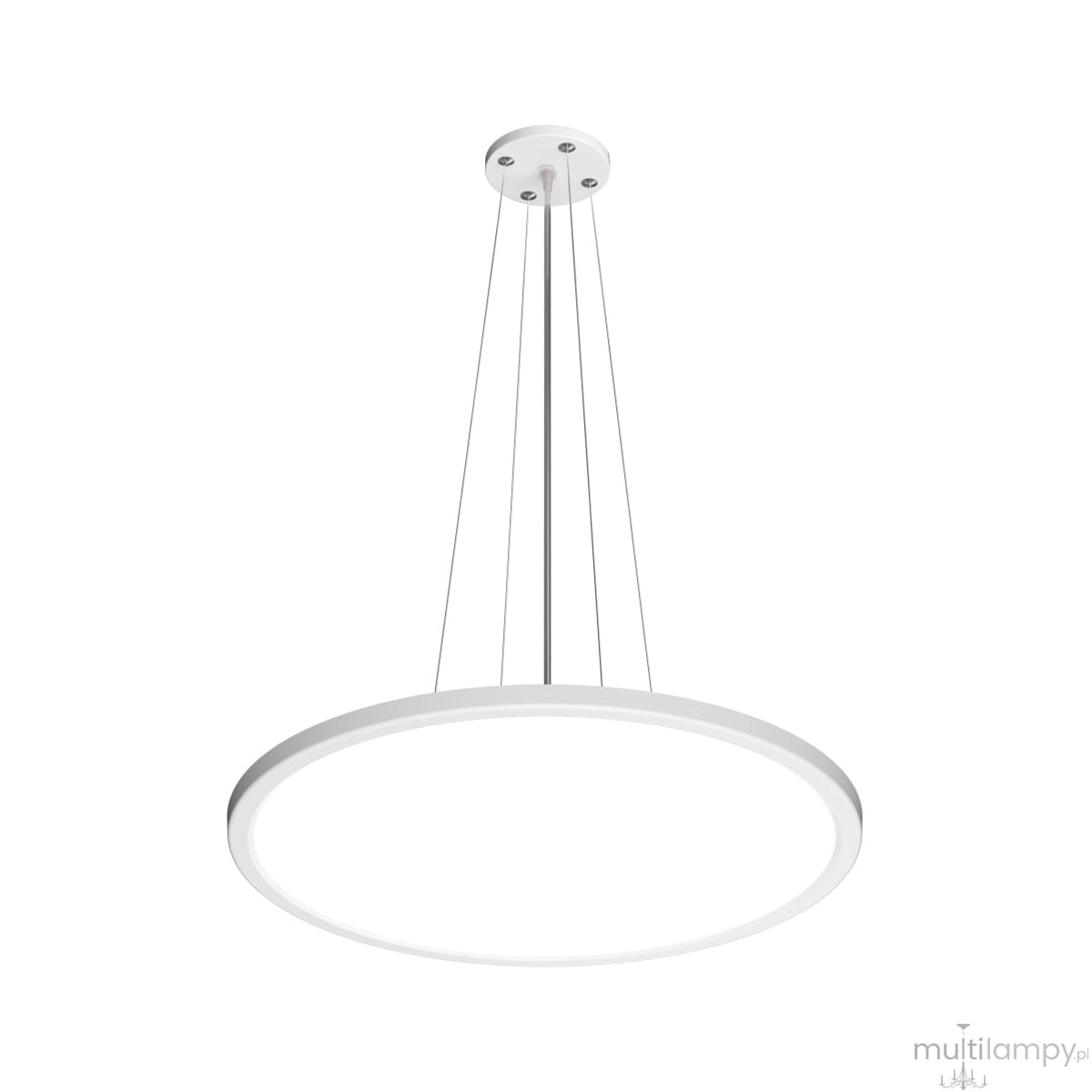 Lampa wisząca Manito D40 w kolorze białym, o okrągłym kształcie, z jedną diodą LED o mocy 32W. Zawieszona na cienkich, stalowych linkach, montowana do sufitu, idealna do nowoczesnych wnętrz.