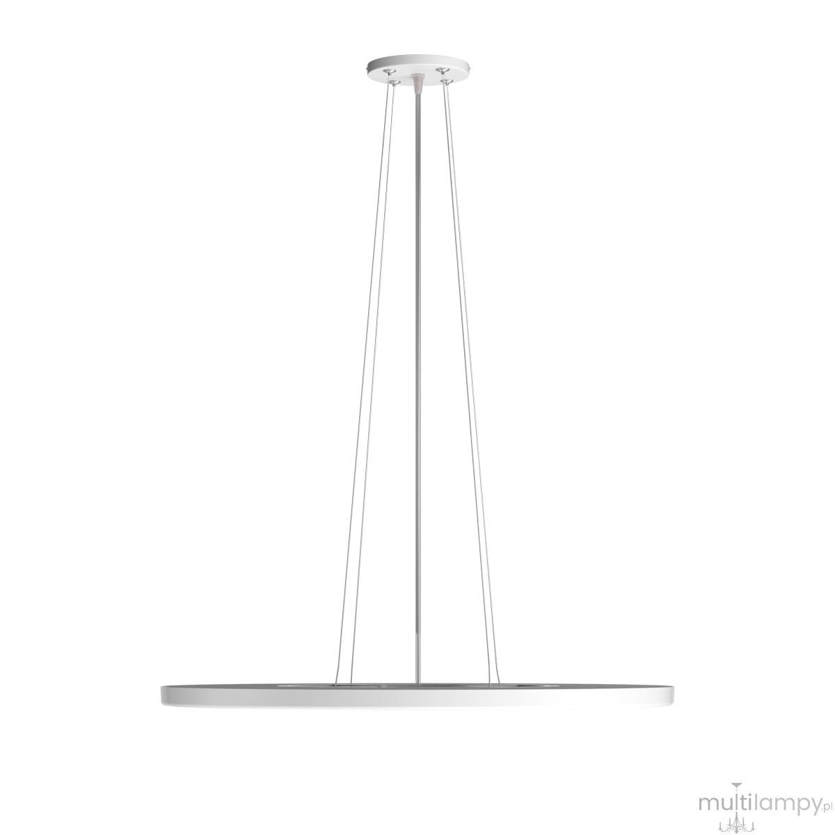 Lampa wisząca Manito D40 w kolorze białym, wykonana z metalu i tworzywa. Okrągły kształt, zawieszona na trzech cienkich linkach, z jedną diodą LED o mocy 32W. Prosty, nowoczesny design, idealna do oświetlenia wnętrz.