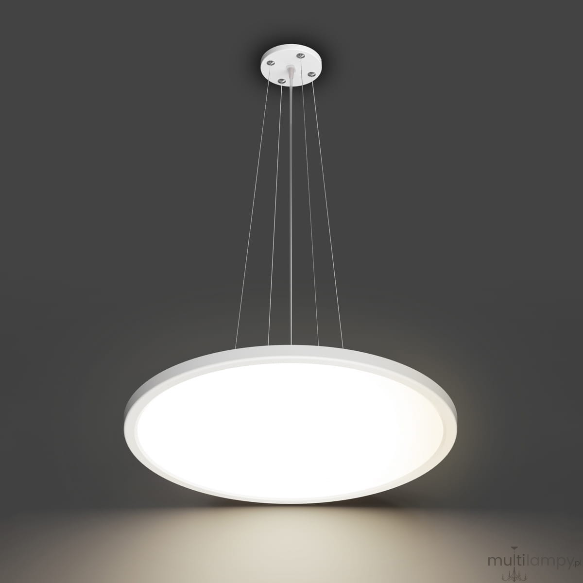 Lampa wisząca Manito D40 w kolorze białym, o okrągłym kształcie, z jedną diodą LED 32W. Zawieszona na cienkich linkach, montowana do sufitu, emitująca jasne, równomierne światło na ciemnym tle.