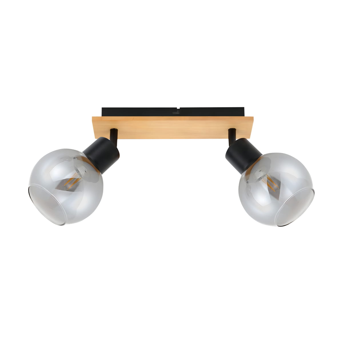 Lampa sufitowa Barel w kolorze czarnym i drewnie, z dwoma szklanymi kloszami w kształcie kul. Montaż na stropie, z regulowanymi ramionami. Klosze osadzone na czarnych mocowaniach, zawieszone na drewnianej podstawie.