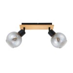 Lampa sufitowa Barel w kolorze czarnym i drewnie, z dwoma szklanymi kloszami w kształcie kul. Montaż na stropie, z regulowanymi ramionami. Klosze osadzone na czarnych mocowaniach, zawieszone na drewnianej podstawie.