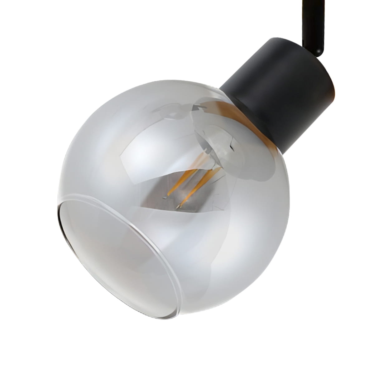 Lampa sufitowa Barel w kolorze czarnym z drewnianymi akcentami, z przezroczystym kloszem w kształcie kuli. Ujęcie z boku, z widoczną żarówką E27. Idealna do nowoczesnych wnętrz.