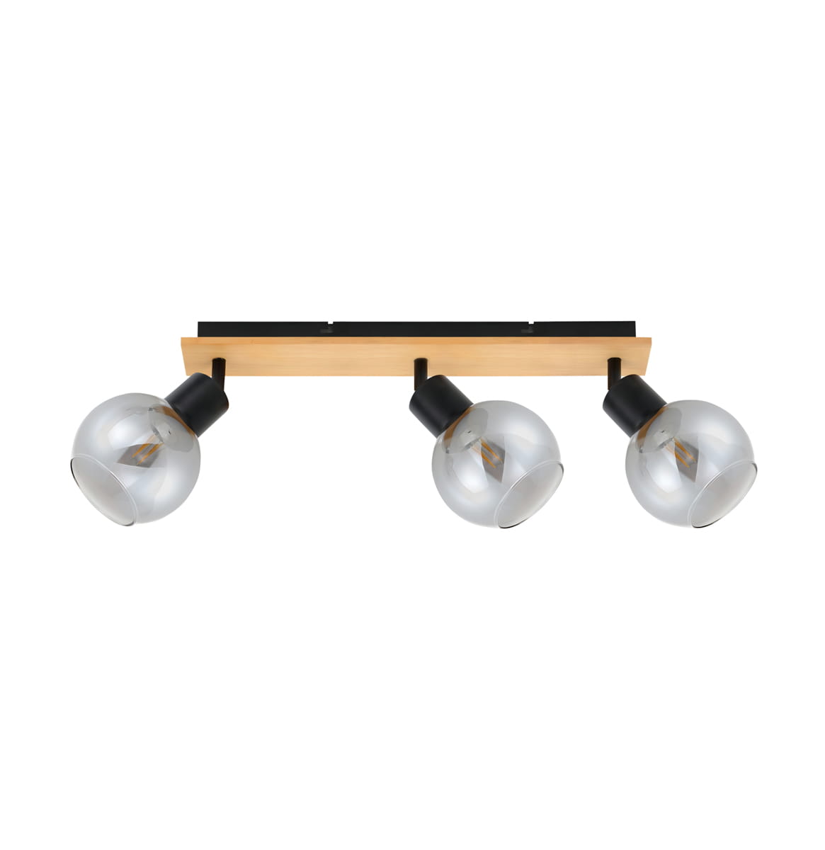 Lampa sufitowa Barel w kolorze czarnym i drewnie, z trzema oprawami na żarówki E27. Konstrukcja z drewnianym wspornikiem i okrągłymi, szklanymi kloszami. Ujęcie frontalne, montowana na suficie.