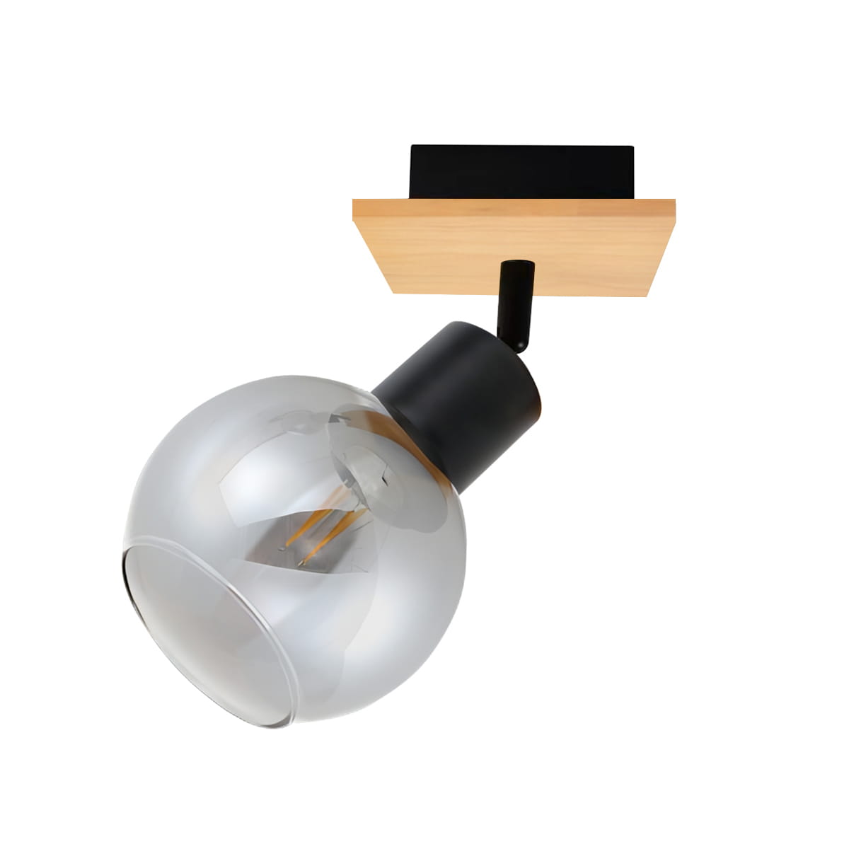 Lampa sufitowa Barel w kolorze czarnym z drewnianym elementem. Szklana kula lampy w stylu spot, umieszczona na czarnym mocowaniu, skierowana w dół. Oferuje miejsce na żarówkę E27. Idealna do nowoczesnych wnętrz.