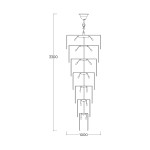 Luxe żyrandol w kolorze złotym, o wymiarach 100 cm szerokości i 330 cm wysokości, z miejscem na 69 żarówek E14. Ujęcie frontalne, prezentujące szczegóły konstrukcji i układ ramion.