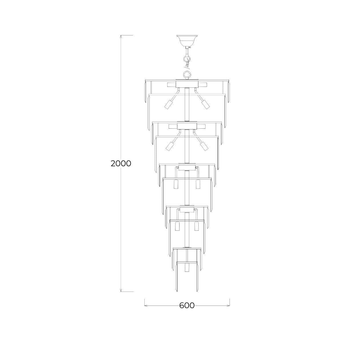 Luxe żyrandol w kolorze złotym, z miejscem na 40 żarówek E14. Wysokość 200 cm, szerokość 60 cm. Układ poziomy z wieloma ramionami, elegancki design. Idealny do nowoczesnych wnętrz.