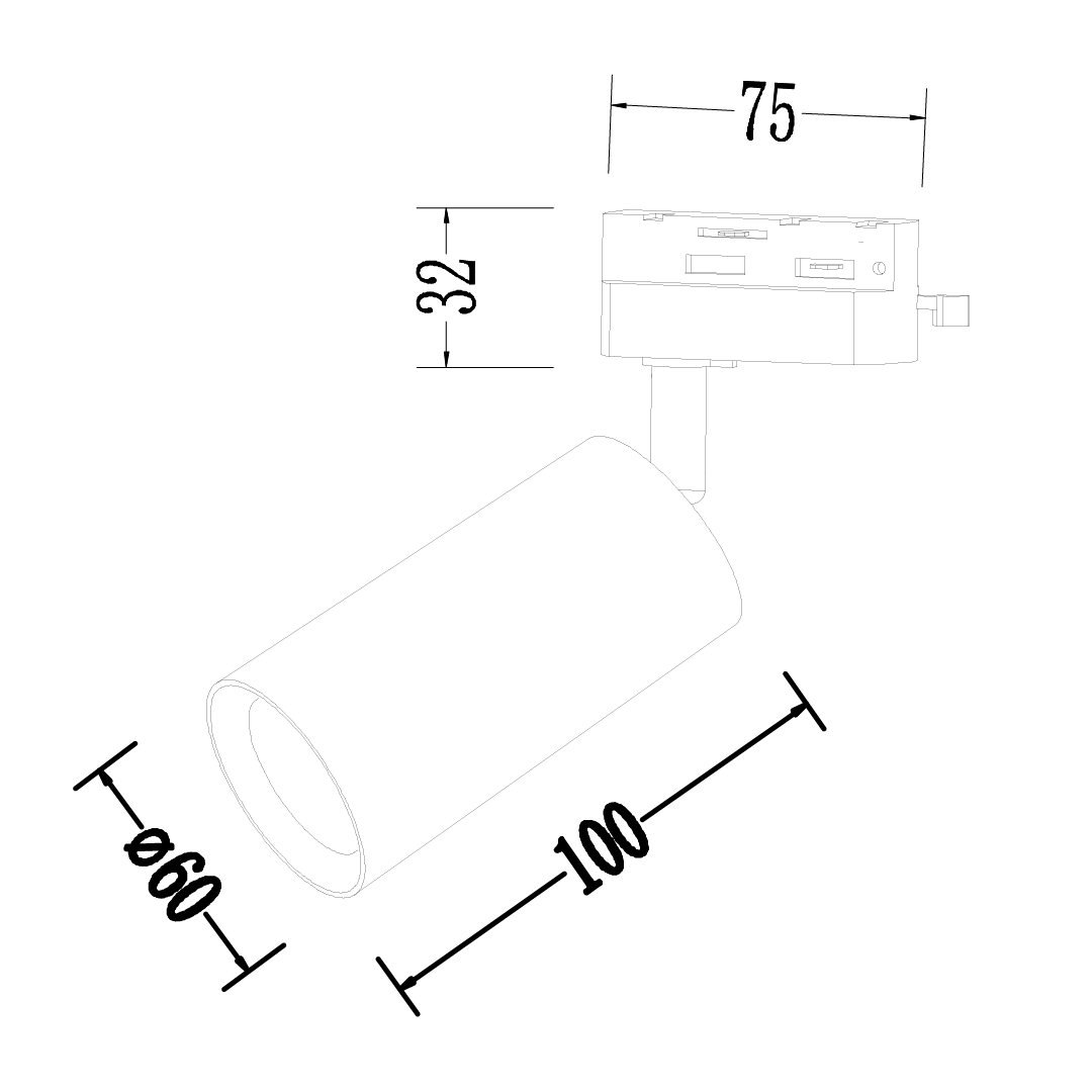 Reflektor Track Pipe 1XGU10 z czarnym korpusem i złotym wykończeniem. Cylindryczny kształt, średnica 60 mm, długość 100 mm. Umożliwia montaż na szynie, idealny do oświetlenia wnętrz. Widoczny uchwyt montażowy.