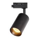 Reflektor spot Track Pipe 1XGU10 w kolorze czarnym, z cylindryczną obudową, zamontowany na szynie. Widoczna złota żarówka w środku. Kąt ujęcia z góry, ukazujący detale mocowania i włącznika. Prosty, nowoczesny design.