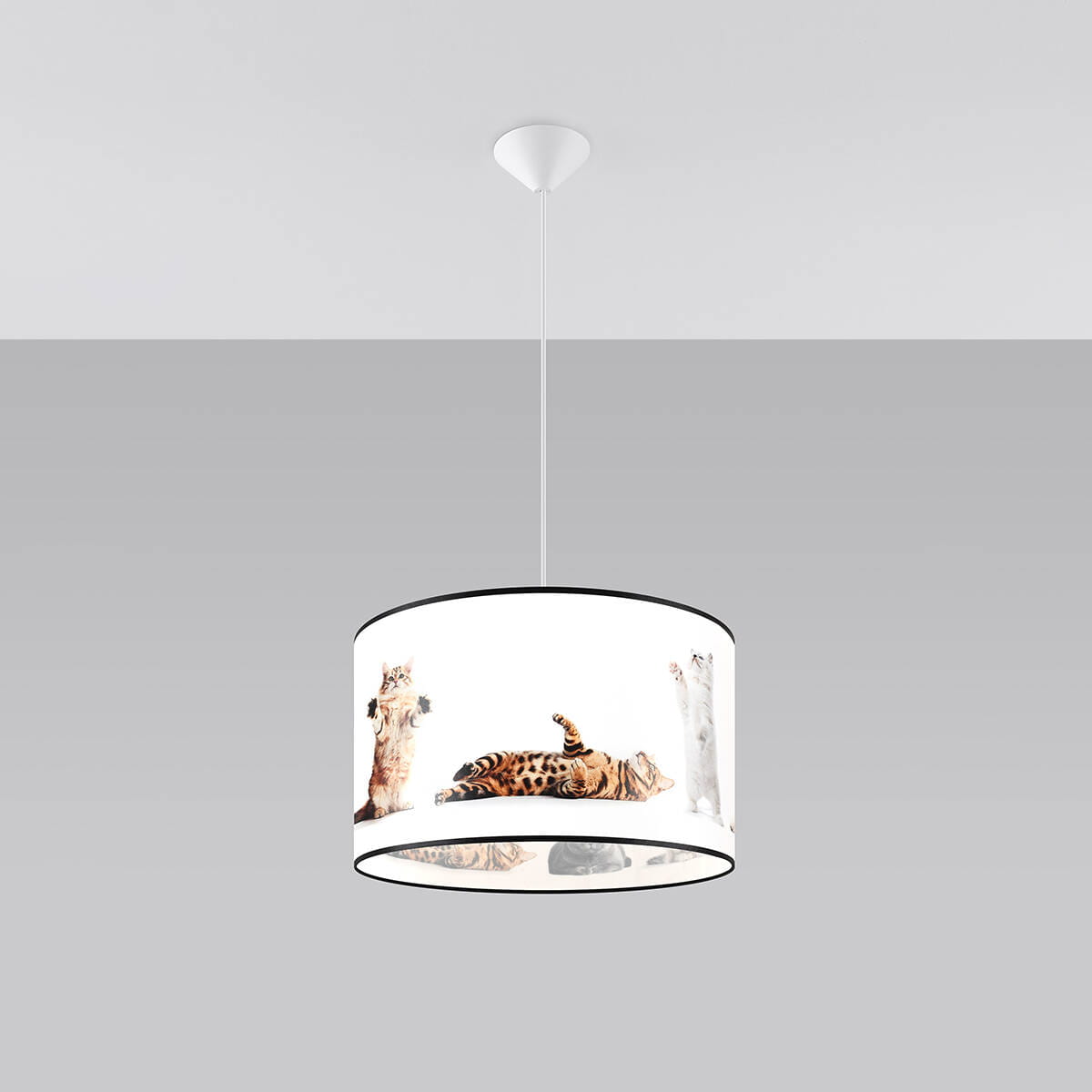 Lampa wisząca Koty z jedną oprawą E27, w białym kolorze, z abażurem przedstawiającym różne koty w pozycji leżącej i stojącej. Produkt zawieszony na białym przewodzie, z okrągłym kształtem i czarną krawędzią. Tło szare, minimalistyczne.