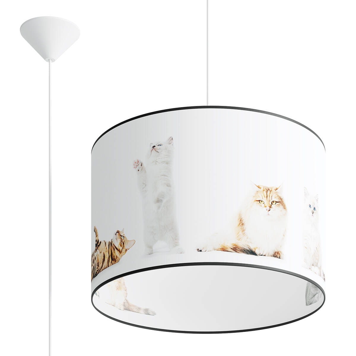Lampa wisząca Koty 1xE27 w kolorze białym, cylindryczna, z motywem różnych kotów na obwodzie. Zawieszona na białym przewodzie, z czarną krawędzią u dołu. Idealna do wnętrz w stylu skandynawskim lub dziecięcych pokojów.