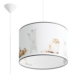 Lampa wisząca Koty 1xE27 w kolorze białym, cylindryczna, z motywem różnych kotów na obwodzie. Zawieszona na białym przewodzie, z czarną krawędzią u dołu. Idealna do wnętrz w stylu skandynawskim lub dziecięcych pokojów.
