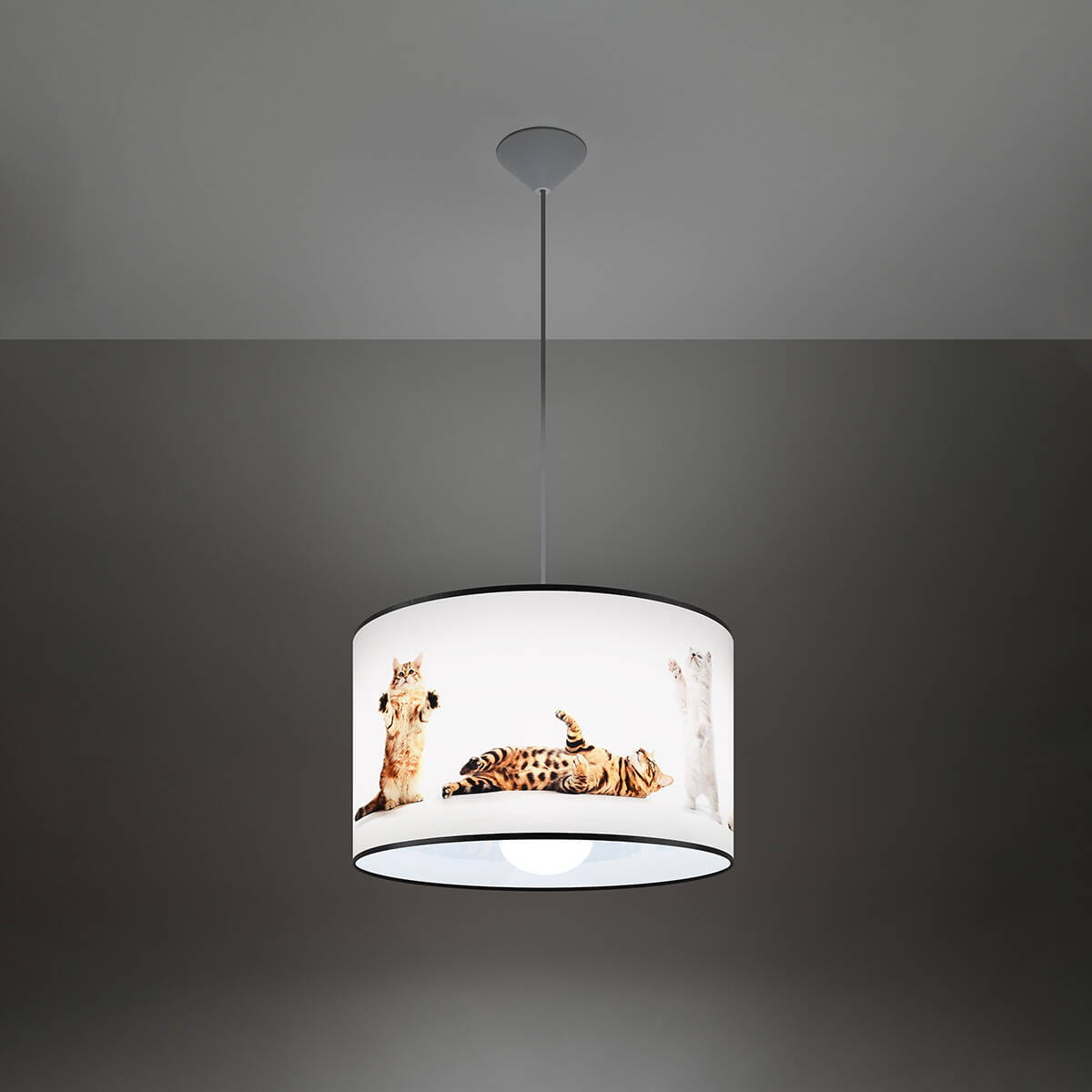 Lampa wisząca Koty w kolorze białym z abażurem przedstawiającym nadruki trzech kotów w różnych pozach. Produkt zawiesza się na cienkim, białym przewodzie. Kształt okrągły, z centralnym źródłem światła E27. Tło ciemne, minimalistyczne.
