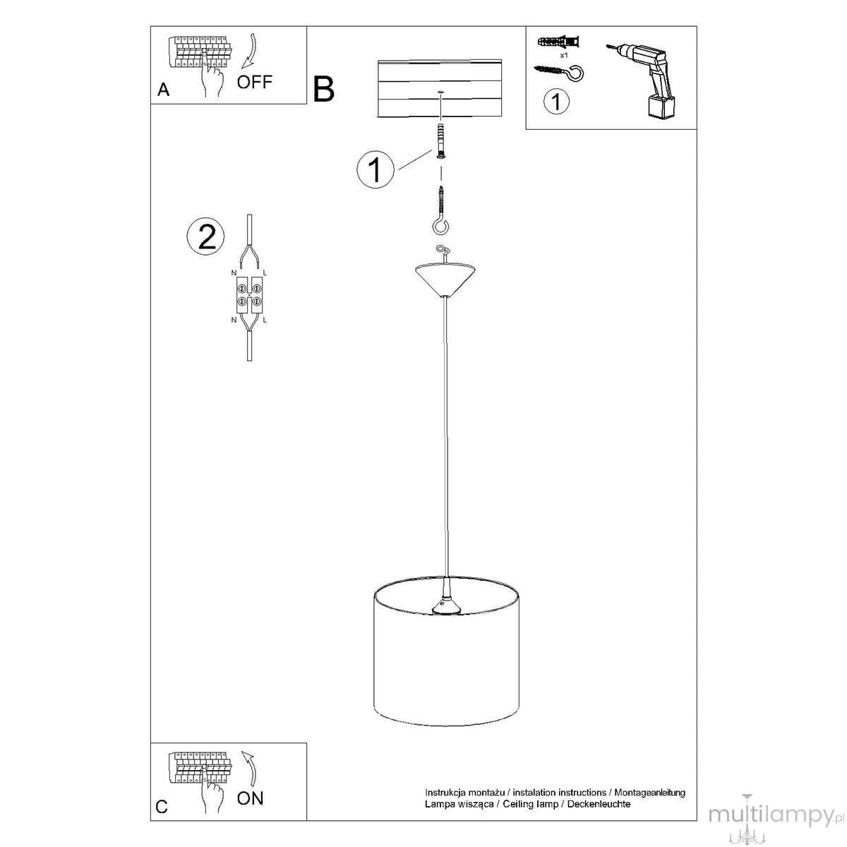 Lampa wisząca Koty 30 z jednym gniazdem E27, w kolorze białym. Zawieszona na długim przewodzie, z okrągłą podstawą. Instrukcja montażu wskazuje sposób podłączenia i włączania lampy. Idealna do nowoczesnych wnętrz.
