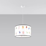 Lampa wisząca Wróżki 40 z abażurem w białym kolorze, ozdobiona ilustracjami wróżek w różnych kolorach. Posiada czarną krawędź, zawieszona na cienkim kablu. Idealna do pokoju dziecięcego.