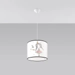 Lampa wisząca Princess 30 w kolorze białym z rysunkiem dziewczynki w tiulowej spódnicy, z złotą koroną i napisem My little Princess. Okrągły klosz z czarnym wykończeniem, zawieszony na białym przewodzie. Idealna do pokoju dziecięcego.