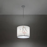 Biała lampa wisząca Princess 30 z kloszem w kształcie cylindra, ozdobiona rysunkiem dziewczynki w tiulu i napisem My little Princess. Zawieszona na cienkim przewodzie z sufitowym mocowaniem, z prostym, minimalistycznym tłem.