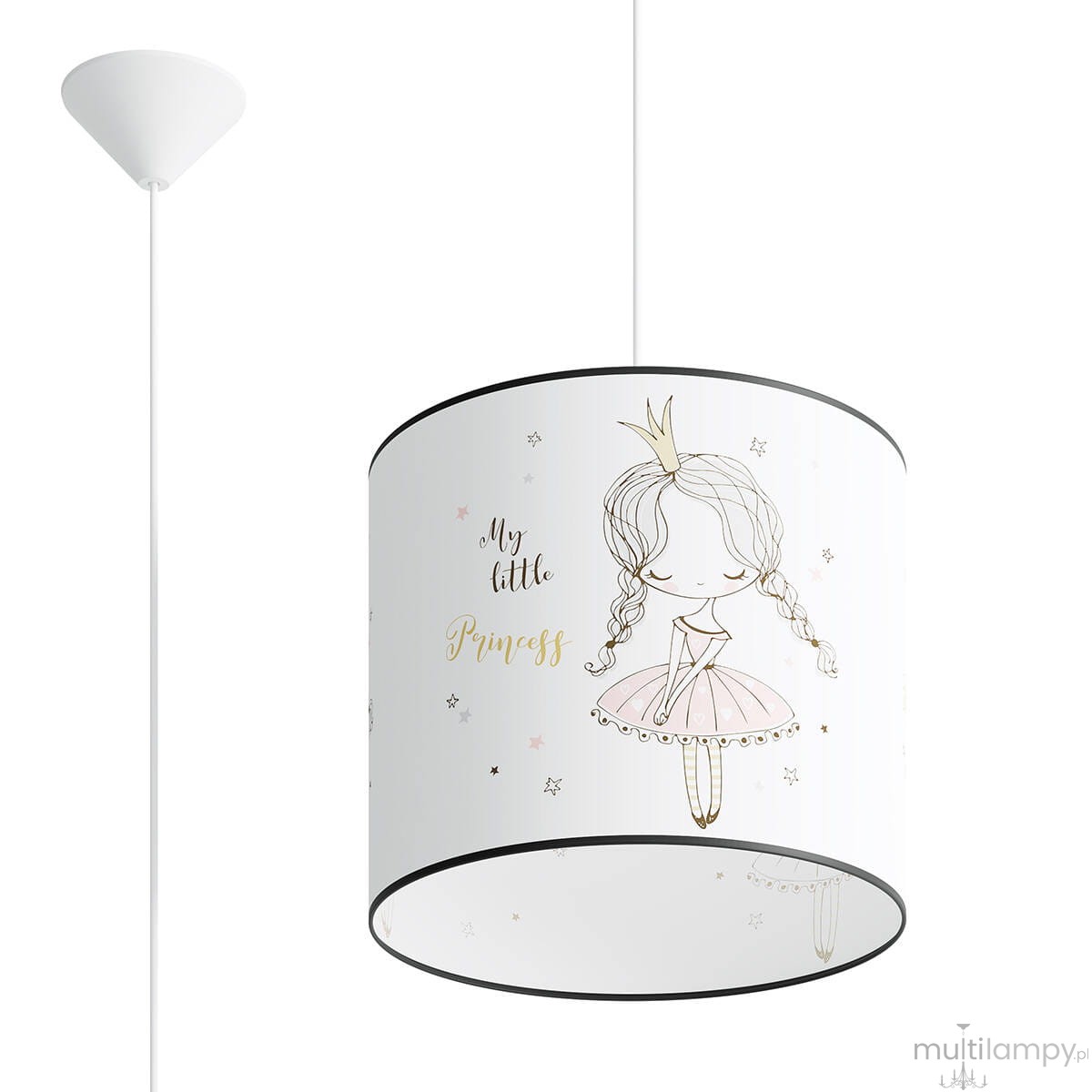 Lampa wisząca Princess 30 w kolorze białym z abażurem z grafiką dziewczynki w tiulowej sukience. Na abażurze napis My little Princess w złotym kolorze. Produkt zawiera pojedynczy gwint E27 i jest zawieszony na białym przewodzie.