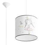 Lampa wisząca Princess 30 w kolorze białym z abażurem z grafiką dziewczynki w tiulowej sukience. Na abażurze napis My little Princess w złotym kolorze. Produkt zawiera pojedynczy gwint E27 i jest zawieszony na białym przewodzie.