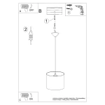 Lampa wisząca Princess 30 w kolorze białym, z pojedynczym gniazdem E27. Wyposażona w cienki kabel i okrągły, płaski klosz. Widoczna instrukcja montażu z oznaczeniami. Produkt zawieszony na suficie.