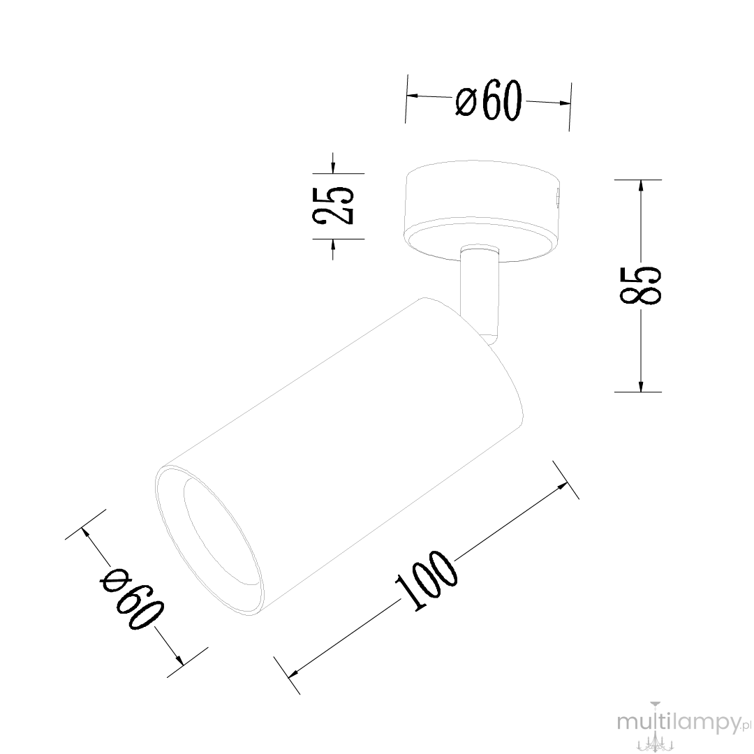 Czarna lampa sufitowa typu spot, z okrągłym mocowaniem. Cylindryczny klosz o średnicy 60 mm i długości 100 mm, z wysokością mocowania 85 mm. Wbudowane gniazdo GU10. Prosty, nowoczesny design, idealny do oświetlenia wnętrz.