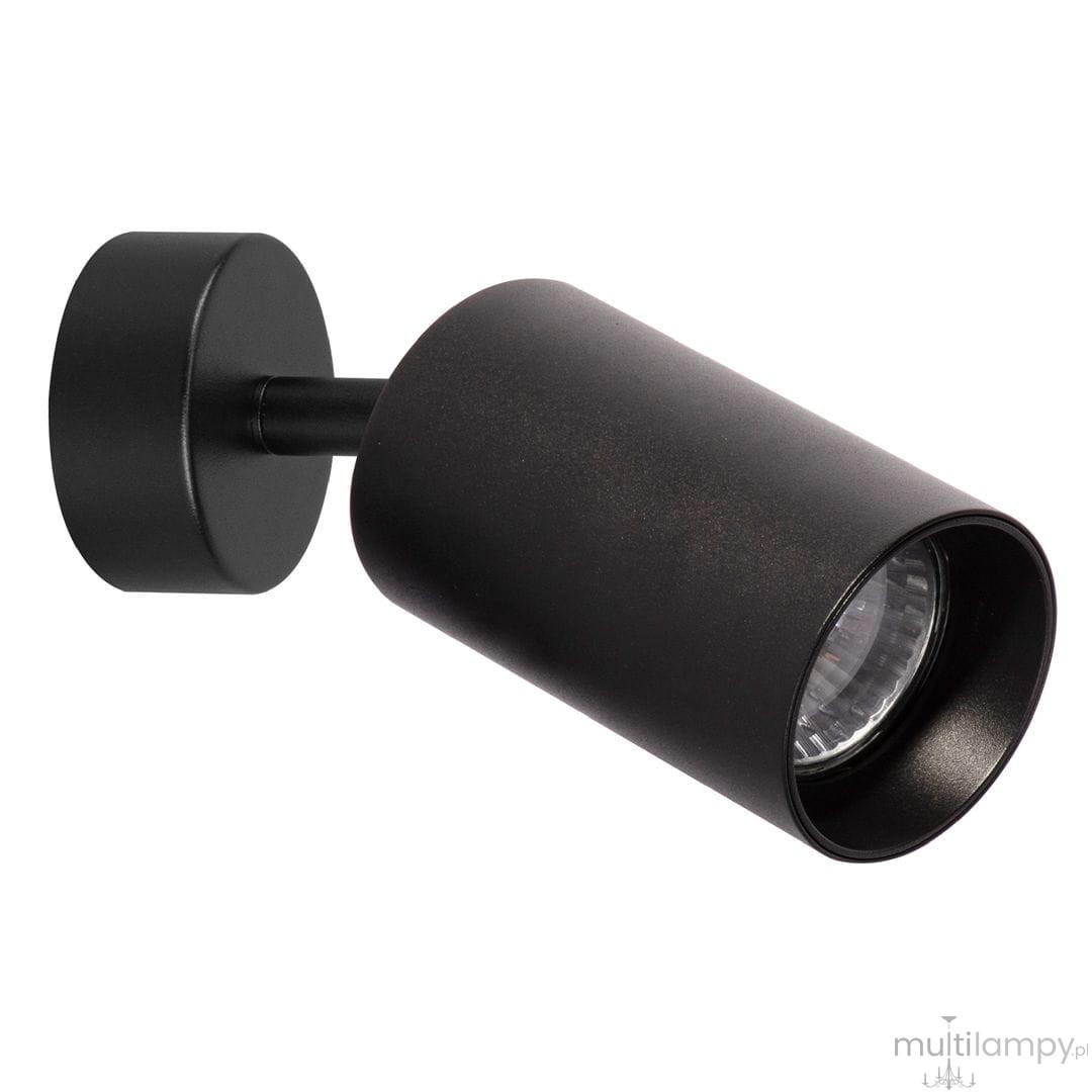 Czarna lampa sufitowa typu spot z jedną oprawą GU10, cylindryczny kształt, matowa powierzchnia, zamontowana na okrągłej podstawie. Ujęcie z boku, ukazujące detal wnętrza lampy.