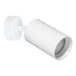 Biała lampa sufitowa typu spot z jedną oprawą na żarówkę GU10. Cylindryczny kształt, montowana na okrągłej podstawie. Ujęcie z boku, ukazujące detal oprawy i mocowanie. Idealna do nowoczesnych wnętrz.