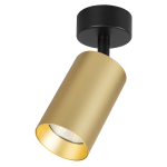Czarna lampa sufitowa typu spot z cylindrycznym złotym kloszem, montowana na okrągłej podstawie. Klosz skierowany w dół, ukazujący źródło światła GU10. Prosty design, idealna do nowoczesnych wnętrz.