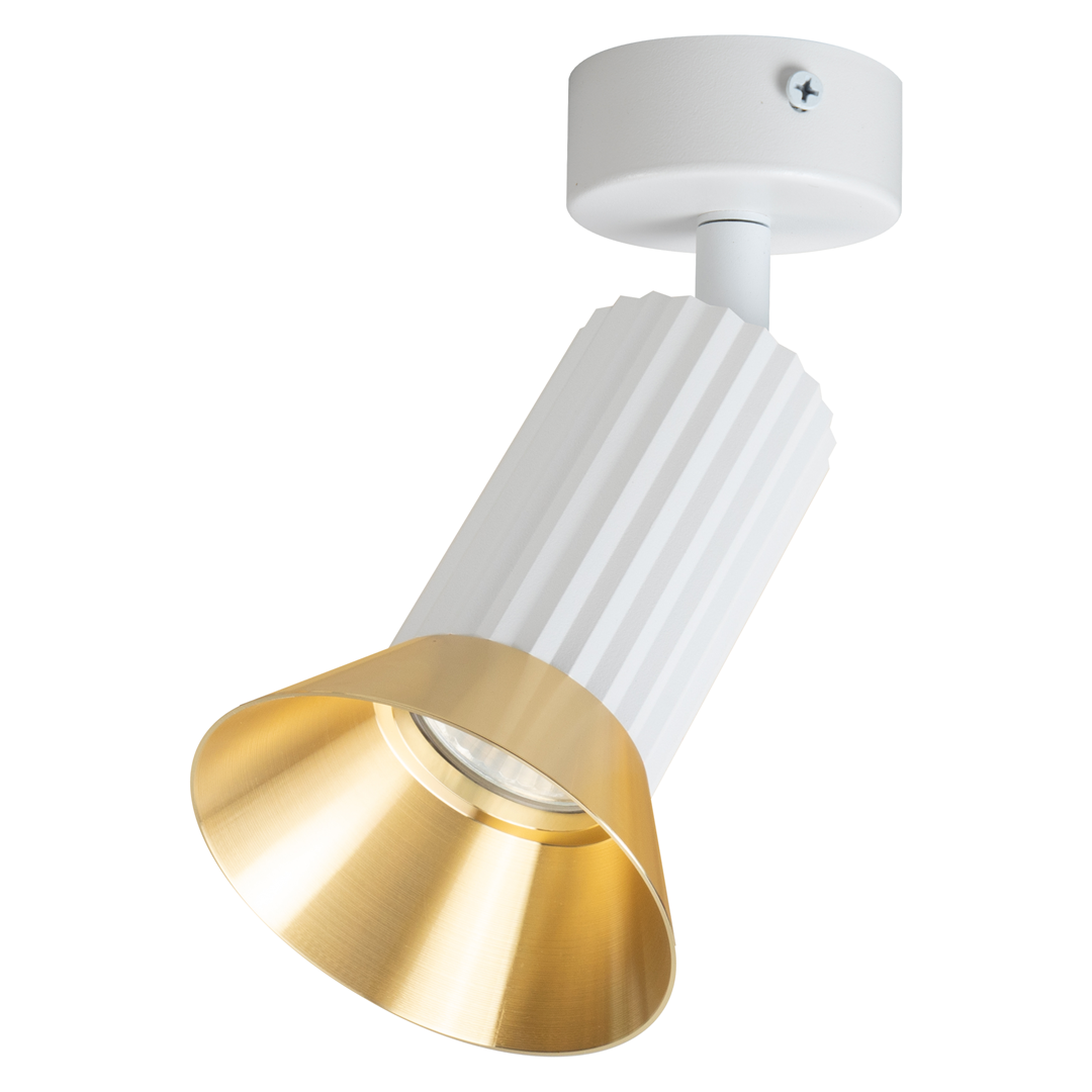 Lampa sufitowa Tulip w kolorze białym i złotym, 1-punktowa. Posiada cylindryczny korpus z rowkowaną fakturą, zakończony złotym kloszem w kształcie stożka. Ujęcie z boku, zamontowana na suficie, idealna do oświetlenia wnętrz.