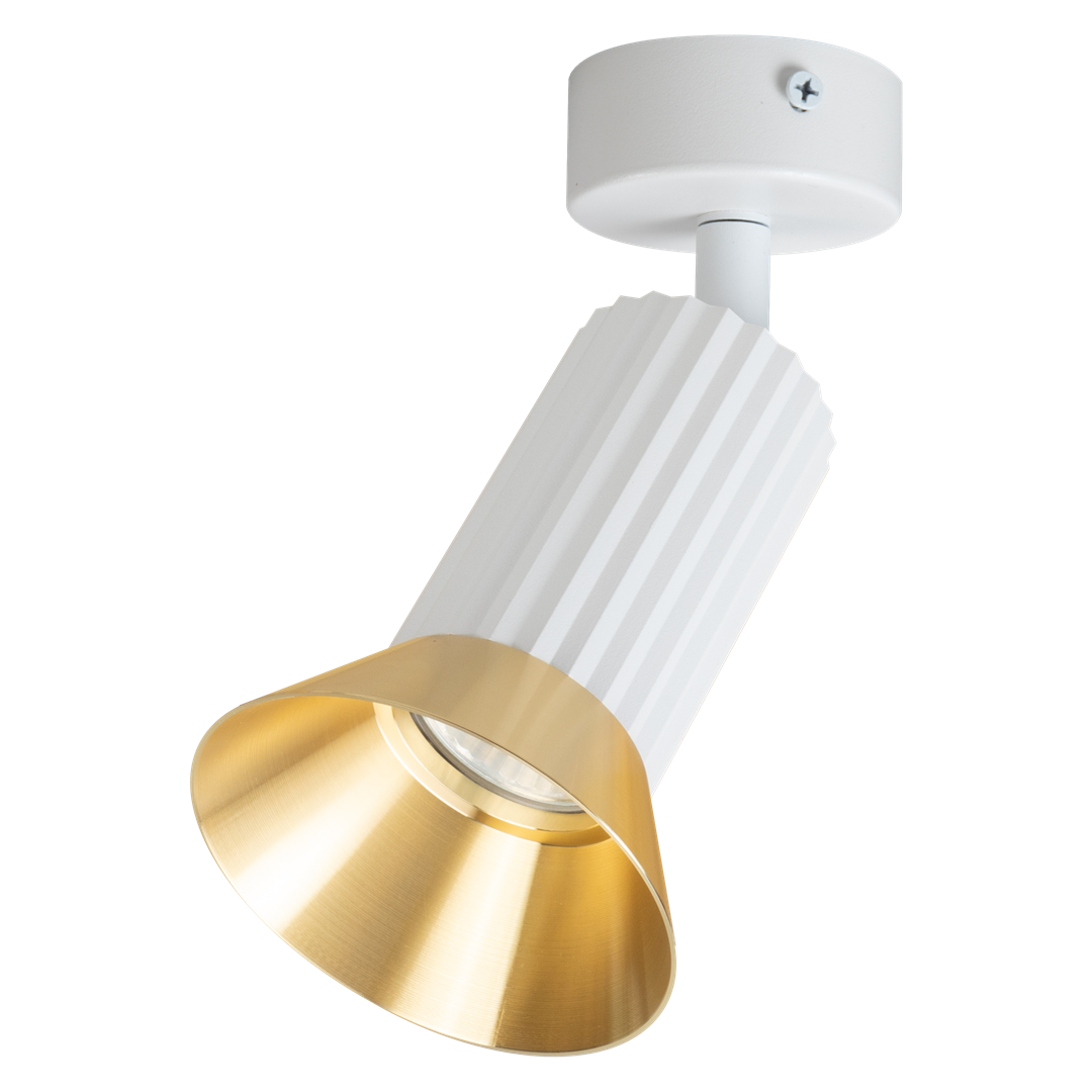 Lampa sufitowa Tulip 1-punktowa w kolorze białym i złotym, z cylindrycznym korpusem w białej teksturze i złotą, szeroką czaszą. Zamontowana na okrągłym, białym stropie, ukierunkowana w dół. Idealna do oświetlenia wnętrz.