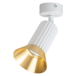 Lampa sufitowa Tulip 1-punktowa w kolorze białym i złotym, z cylindrycznym korpusem w białej teksturze i złotą, szeroką czaszą. Zamontowana na okrągłym, białym stropie, ukierunkowana w dół. Idealna do oświetlenia wnętrz.
