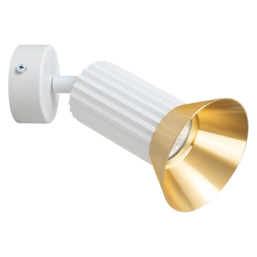 Lampa sufitowa Tulip 1-punktowa w kolorze białym i złotym. Posiada cylindryczny, teksturowany korpus z białym wykończeniem oraz złotą czaszę. Zamontowana na okrągłej podstawie, skierowana w dół. Idealna do oświetlenia w nowoczesnych wnętrzach.