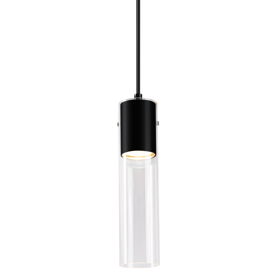 Lampa wisząca Ricky, czarna, z oprawą metalową i przezroczystym kloszem w formie cylindrycznej. Wisi na cienkim kablu, z widocznym miejscem na żarówkę GU10, idealna do nowoczesnych wnętrz.